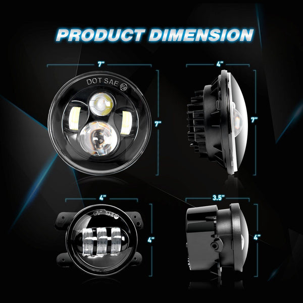 2PCS 7 Inch LED Headlight with 2PCS 4 Inch LED Fog Light for Jeep Wrangler 97-17 JK LJ CJ, 2 Years Warranty