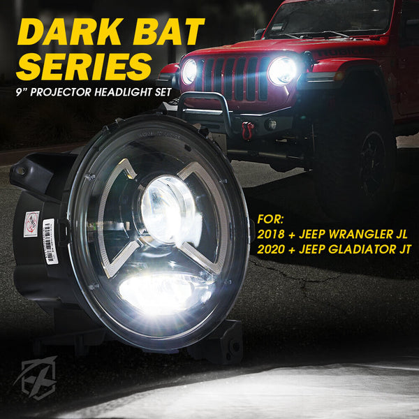 9" DRL LED Headlights Jeep Wrangler JL / Gladiator JT (2018-2023) X-Pro CREE LED Dark Bat Series w/ DRL