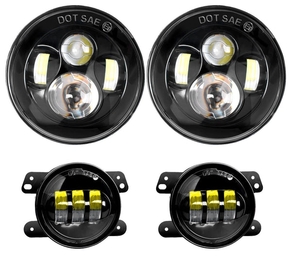 2PCS 7 Inch LED Headlight with 2PCS 4 Inch LED Fog Light for Jeep Wrangler 97-17 JK LJ CJ, 2 Years Warranty